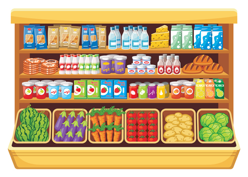 Supermarkt-Schaufenster und Lebensmittelvektor Set 19 Supermarkt Schaufenster Lebensmittel   