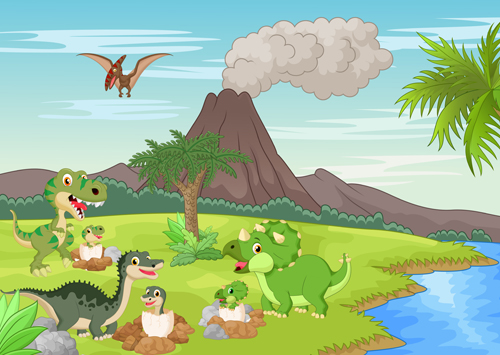 Dinosaures de dessin animé avec le vecteur de paysage naturel 14 paysage naturel dinosaures dessin animé   