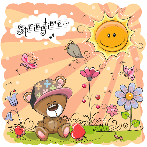 Cartoon printemps cartes postales mignon vecteur 03 printemps mignon dessin animé cartes postales   