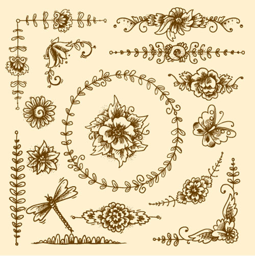 蝶とトンボベクトルを持つ手描きの花の装飾品 装飾品 蝶 花 トンボ   