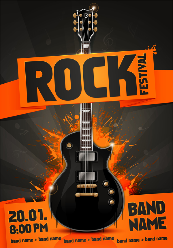 Rock Festival Party-Plakat mit Gitarrenvektor 05 rock poster party Gitarre festival   