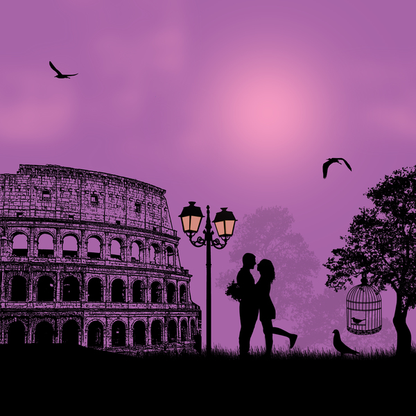 Sonnenuntergang in Rom mit romantischem Ehepaar Reisevektoren 02 Sonnenuntergang Romantik Rom Reise Ehepaar   