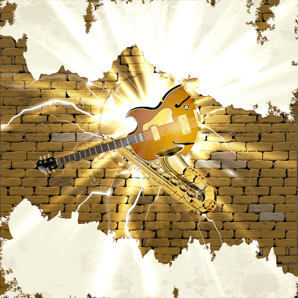 Sax und Jazzgitarre im Backsteinwand-Hintergrundvektor Wand Sax Jazz Gitarre brick   