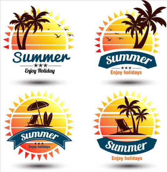 Vacances d’été avec Palm étiquettes vecteur ensemble 01 vacances Palme étiquettes été   