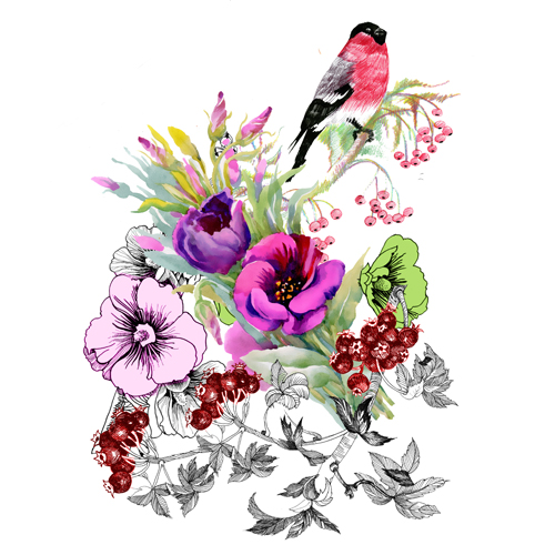 Oiseaux dessinés à l’aquarelle avec des fleurs vecteur Design 02 oiseaux fleurs aquarelle   