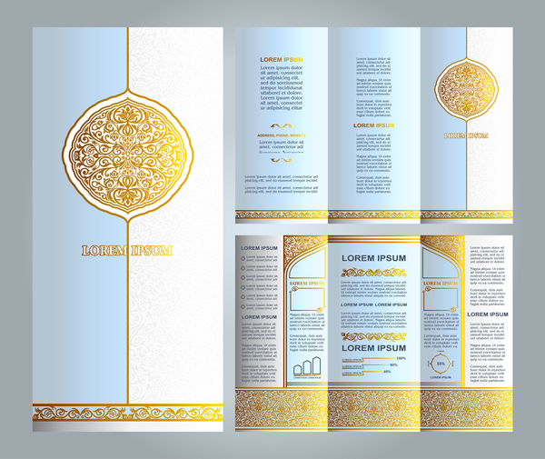 brochure florale islamique bleu clair et or vecteur or lumière islamique floral brochure Bleu   
