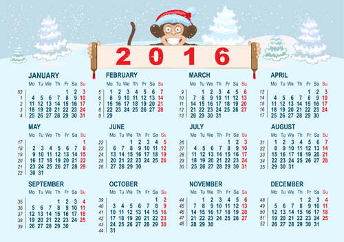2016 Affenkalender mit Winterschneefahrer winter Schnee Kalender Affe 2016   