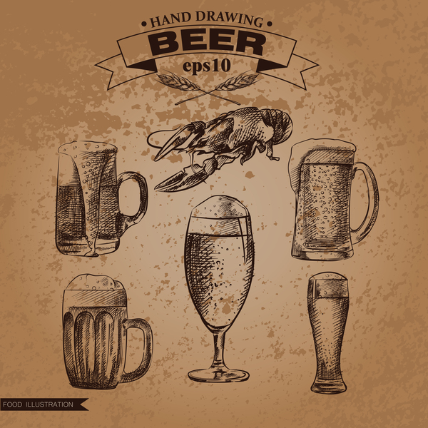 Bier-Food-Illustration Handdarwing-Vektor 06 Handdarwing Essen Bier   
