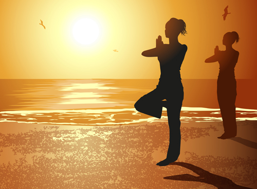 Meer Sonnenuntergang Hintergrund mit Yoga-Silhouetter-Vektor 02 yoga sunset silhouetter seaside Hintergrund   