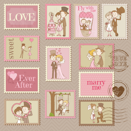 Mariage avec amour timbres-poste Vintage vecteur 02 vintage Timbres-poste mariage   