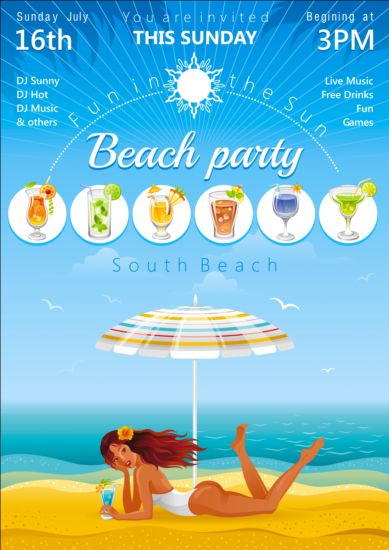 Affiche de fête de plage avec belle fille vecteur 05 Belle beach party affiche   