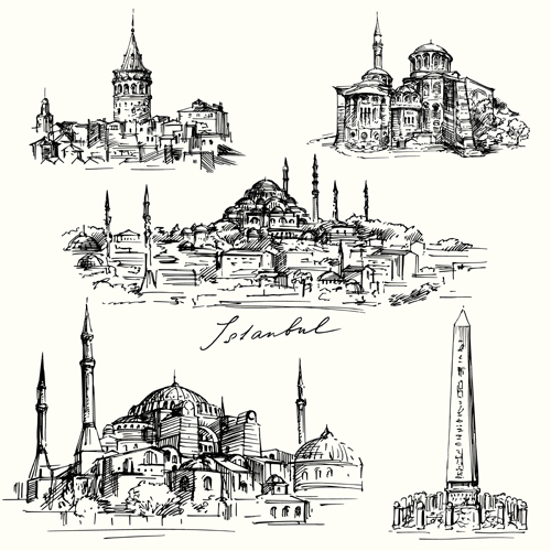 Villes célèbres bâtiments dessinés à la main vecteur 05 villes dessiné à la main célèbre bâtiments   