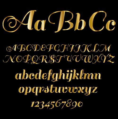 Hochglanzweiches goldenes Alphabet und Zahlenvektor 05 Zahlen golden glänzend alphabet   