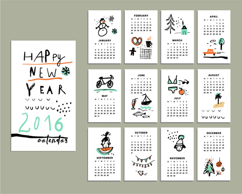 Handgezeichnete Kalender 2016 kreativ Vektor Kreativ Kalender hand gezeichnet 2016   