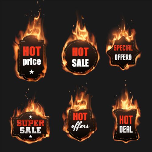 Realistisches Feuer mit Verkaufsetiketten Vektor 02 Verkauf realistisch Feuer Etiketten   