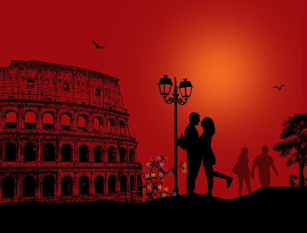 Rom Sonnenuntergang mit romantischem Ehepaar Reisen Vektoren 01 Sonnenuntergang Romantik Rom Reise Ehepaar   