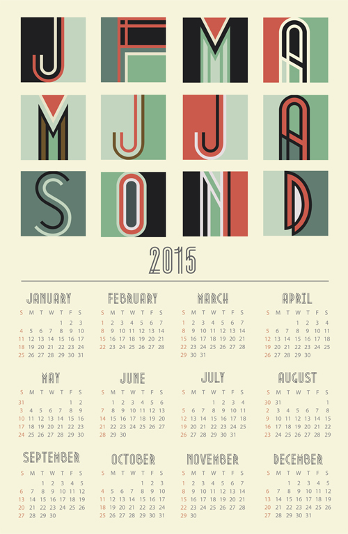 Vintage-Stil 2015 Kalendervektormaterial Vintage Style Kalender 2015   