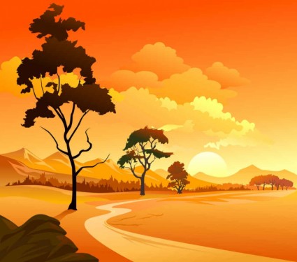 Cartoon paysages naturels beau vecteur 02 fond coucher de soleil   