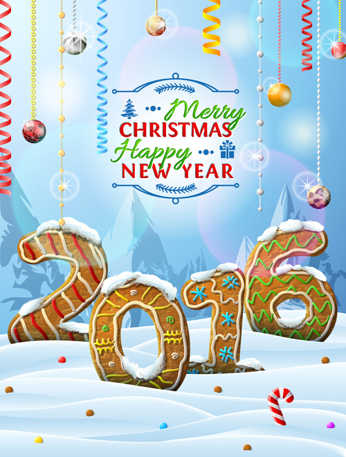 2016 Noël avec le nouvel an et biscuit fond d’hiver vecteur nouveau Noël hiver fond biscuit année 2016   