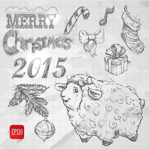 Dessiné à la main Noël 2015 moutons année éléments vecteur 04 Noël moutons elements dessinés à la main 2015   