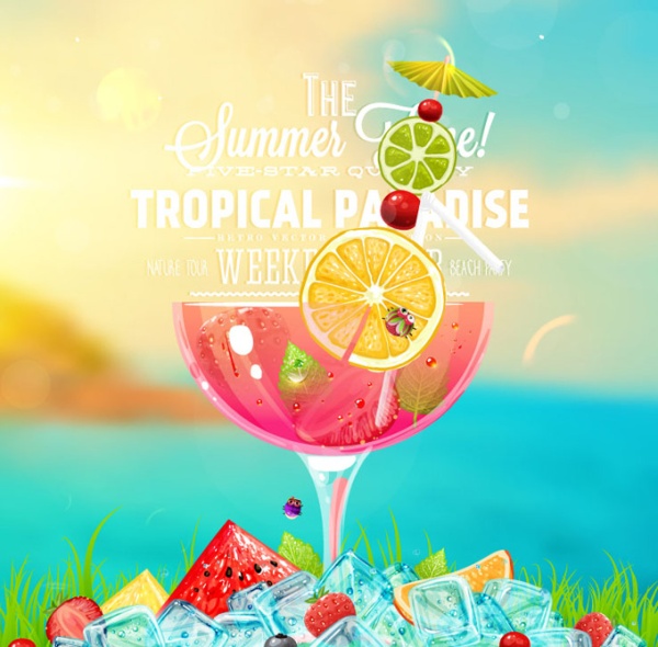 Eisigem Sommer mit Cocktail-Hintergrundvektor Sommer Hintergrund cocktail   