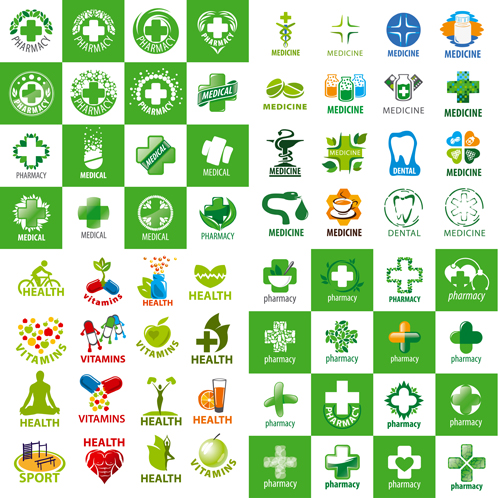薬学および健康のロゴのベクトルセットが付いている医学 薬局 医療 健康 ロゴ   