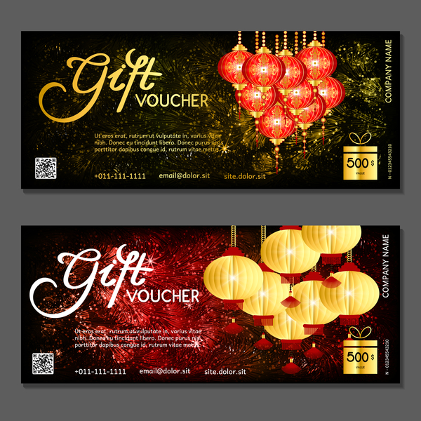 Neujahr Geschenkgutscheine Schablone mit Chinesisch Laterne Vektor 03 Neu Laterne Jahr Gutscheine Geschenk Chinesisch   