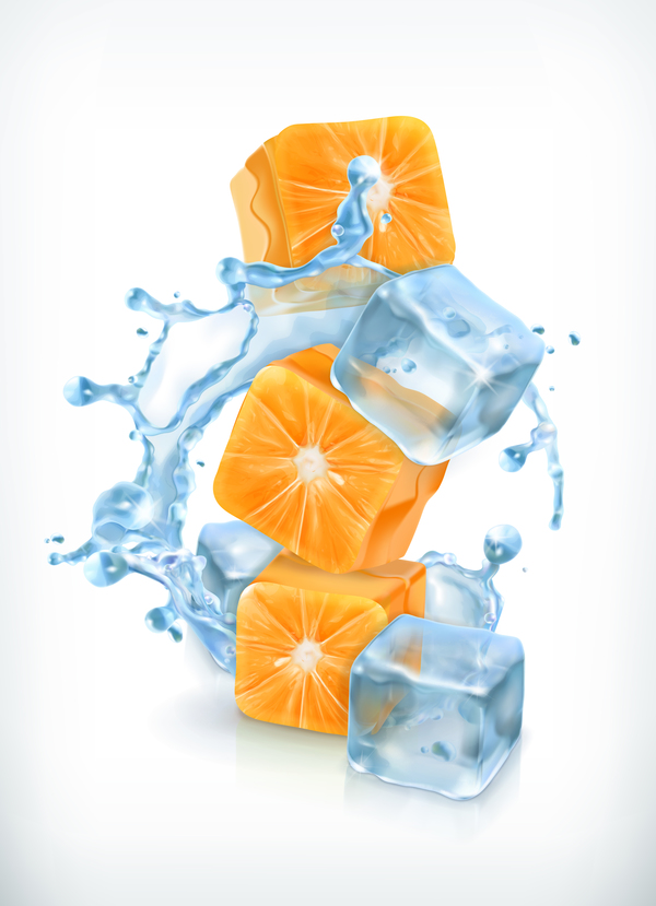 Cubes oranges avec la glace et les éclaboussures vecteur orange glace éclaboussages cubes   