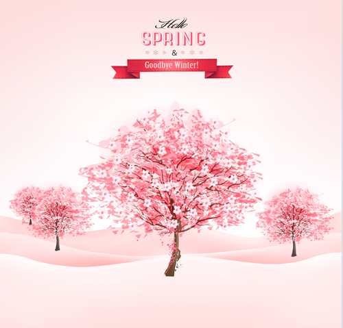 Rosafarbener Baum mit Feder-Hintergrundvektor 01 pink Hintergrund Frühling Baum   