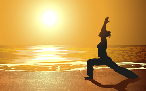 Meer Sonnenuntergang Hintergrund mit Yoga-Silhoueter-Vektor 01 yoga sunset silhouetter seaside Hintergrund   