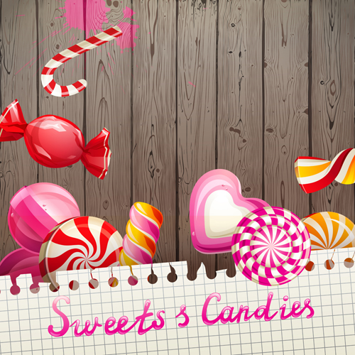 Süßigkeiten Bonbons mit Holzfußgrintervektor 02 Süßigkeiten Holz Hintergrund   