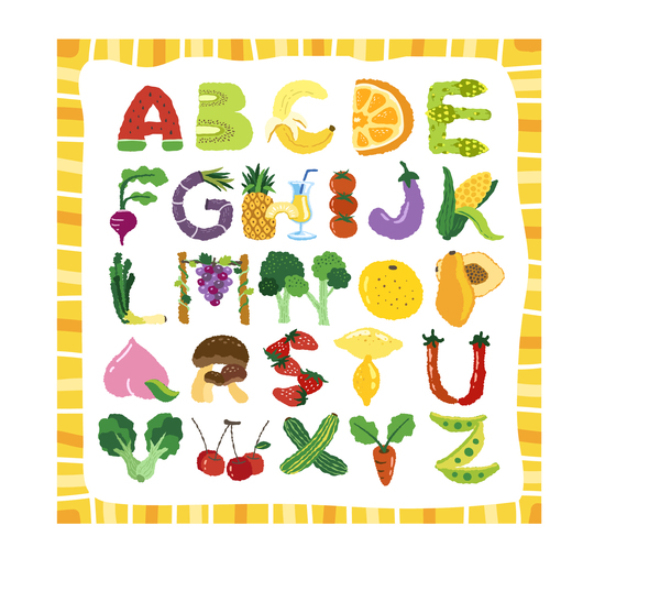 Vagtables avec des fruits alphabets vecteurs matériel vagtables fruits alphabets   