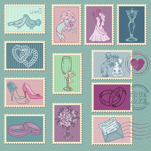 Mariage avec amour timbres-poste Vintage vecteur 01 vintage Timbres-poste mariage   