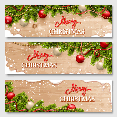 Bannières en bois de Noël avec vecteur de babioles Noël en bois bannières babioles   