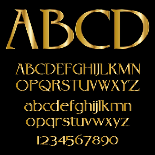 Hochglanzweiches goldenes Alphabet und Zahlenvektor 04 Zahlen golden glänzend alphabet   