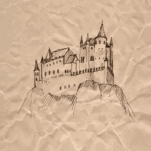 Handgezeichnete mittelalterliche Gebäude und zerknitterter Papiervektor 11 zerkleinert Papier zerbröselt Mittelalter Hand gezeichnet Gebäude   