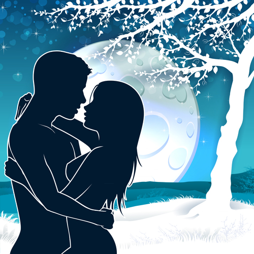 Silhouette d’amoureux avec la lune et l’arbre vecteur 01 silhouette lune Amoureux   