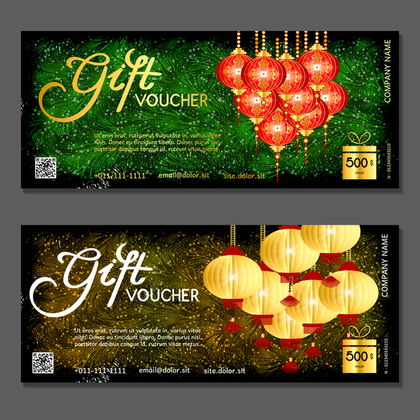 Neujahr Geschenkgutscheine Schablone mit chinesischer Laterne Vektor 02 Neu Laterne Jahr Gutscheine Geschenk Chinesisch   