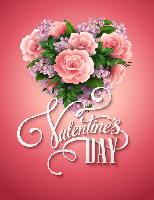 Fleur rose avec coeur valentines jour cartes vecteur 03 Saint-Valentin rose jour fleur coeur cartes   