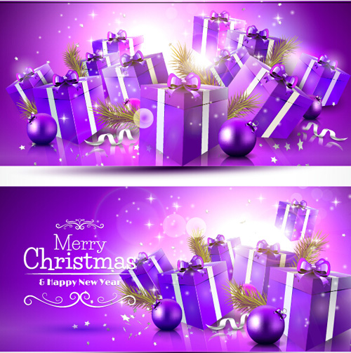 Lila Weihnachtsgeschenk-Boxen Banner Vektor Weihnachten lila Geschenk Boxen banner   