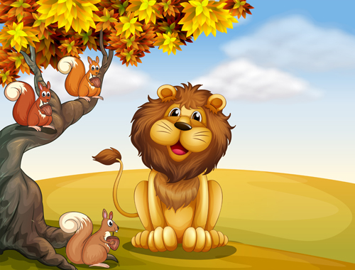 Lion de dessin animé avec la belle nature vecteur 01 nature lion cartoon belle nature Belle   