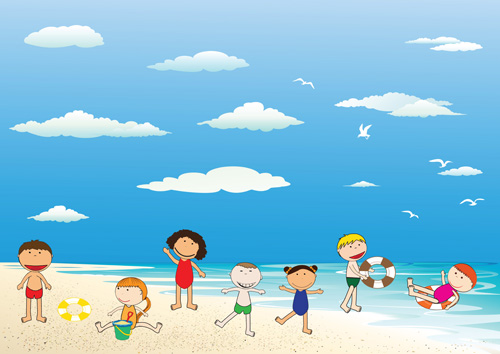 子供とビーチ夏の背景ベクトル04 背景 子供 夏 ビーチ   
