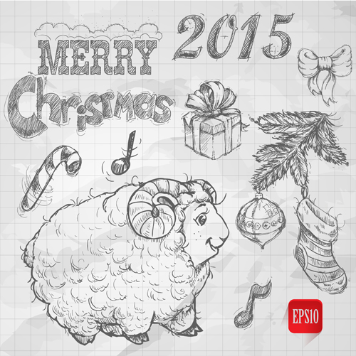 Dessiné à la main Noël 2015 moutons année éléments vecteur 03 tirage à la main Noël mouton elements dessiné à la main 2015   