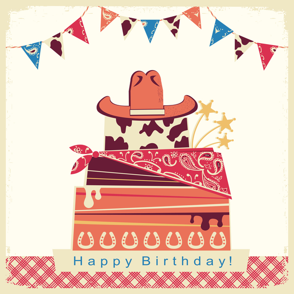 Cowboy-Geburtstagskarte mit Kuchen und Hutvektor Kuchen Karte Geburtstag cowboy   