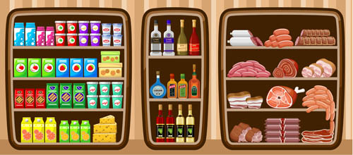 Supermarkt-Schaufenster und Lebensmittelvektor Set 16 Supermarkt Schaufenster Lebensmittel   