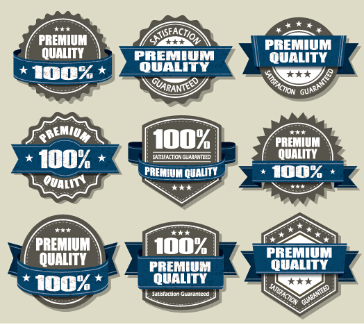 Premium-Qualitätsetiketten und blauer Bändchenvektor Qualität premium label Etiketten band   