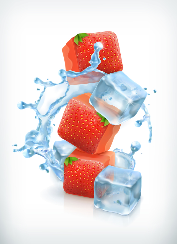 Fraises avec des glaçons et vecteur d’éclaboussure d’eau splash glace fraises eau cubes   