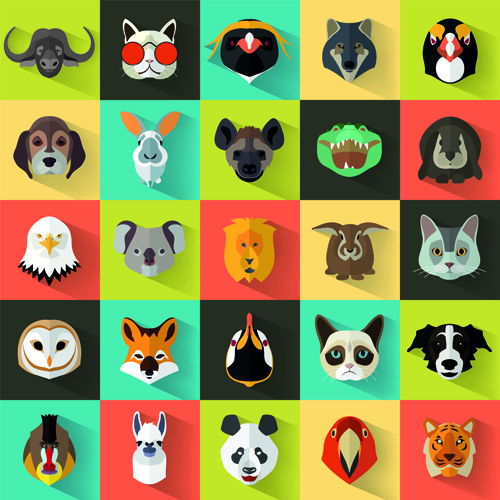 Différentes têtes d’animaux icônes vecteur ensemble 01 icônes Différents animaux   