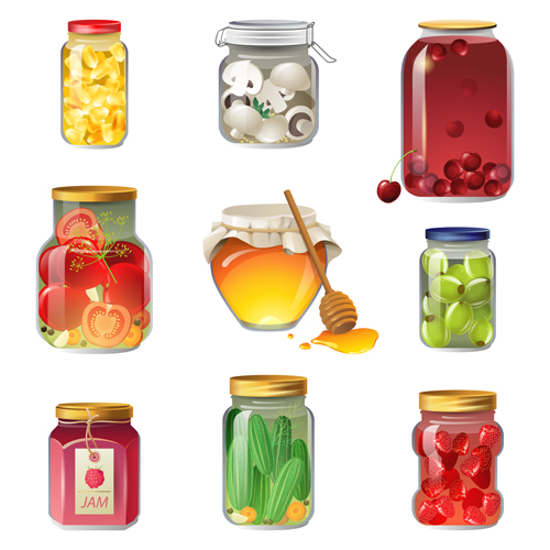 Icônes vectorielles de fruits et légumes en conserve légumes Fruits en conserve Différents délicieux   