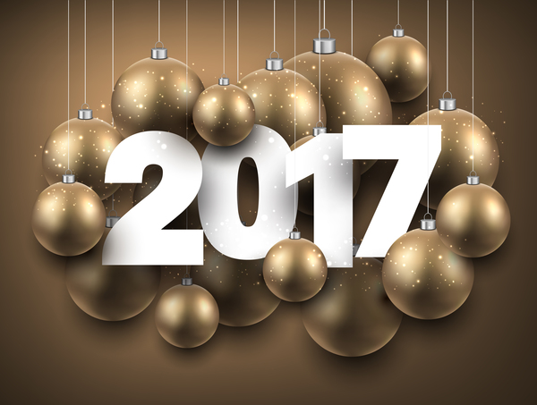 Goldener Neujahrshintergrund mit 2017 Weihnachtsbaumvektor Weihnachten Neujahr gold baumelt 2017   